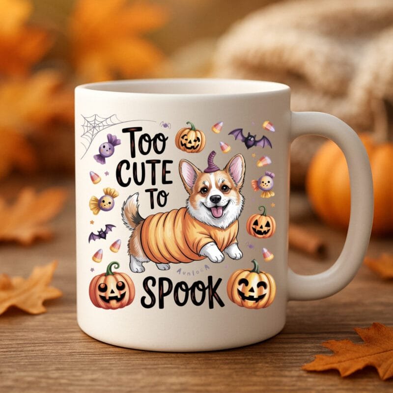 Too Cute to Spook Halloween Dog Mug – Corgi Pumpkin Design for Pet Lovers 11oz White Mug - Image 3