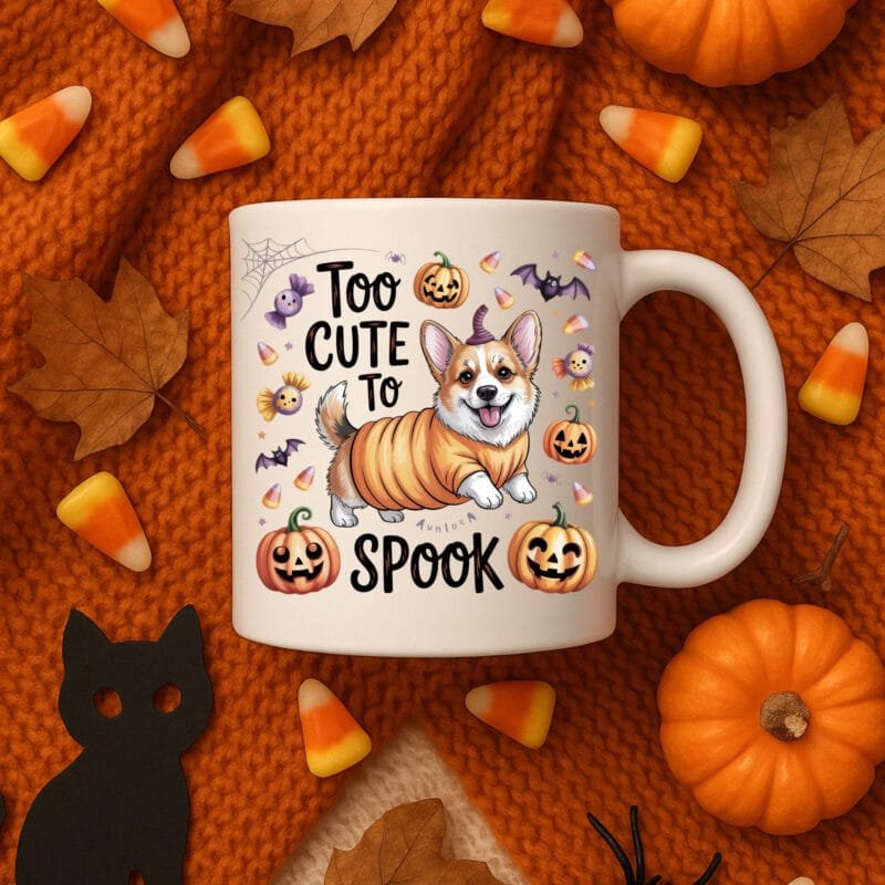 Too Cute to Spook Halloween Dog Mug – Corgi Pumpkin Design for Pet Lovers 11oz White Mug - Image 2