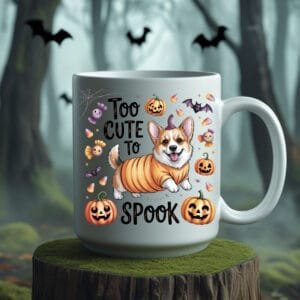 Too Cute to Spook Halloween Dog Mug – Corgi Pumpkin Design for Pet Lovers 11oz White Mug