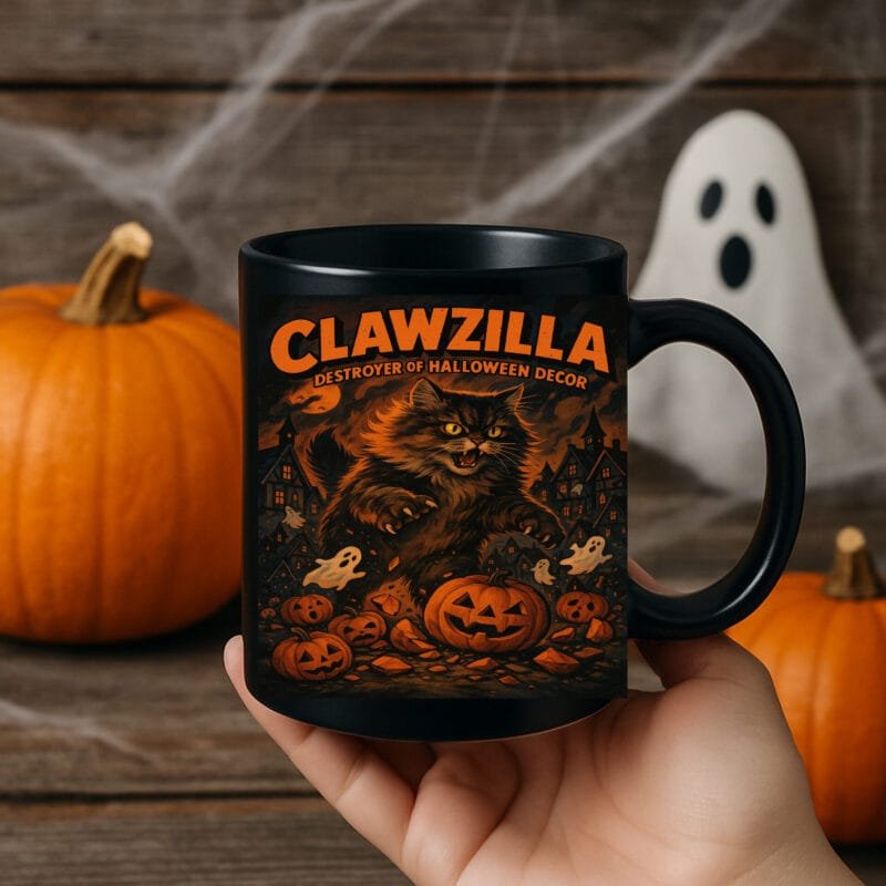 Clawzilla Halloween Cat Mug – Funny Black Cat Coffee Cup | Destroyer of Halloween Decor Gift 11oz Black Mug - Image 2