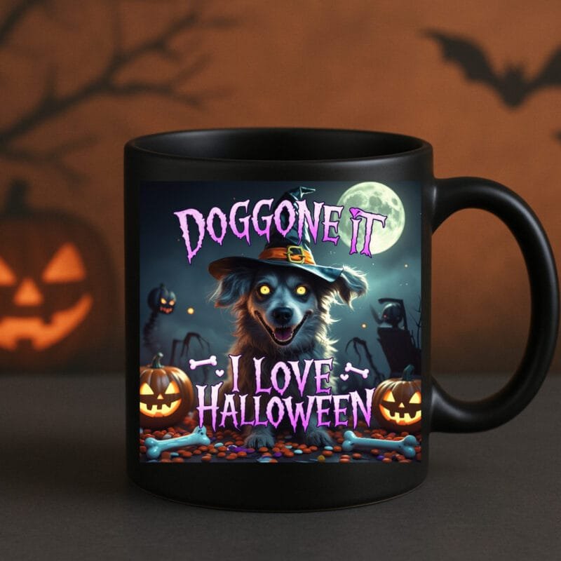 Doggone It I Love Halloween Dog Mug – Spooky Pumpkin Design for Dog Lovers 11oz Black Mug - Image 4