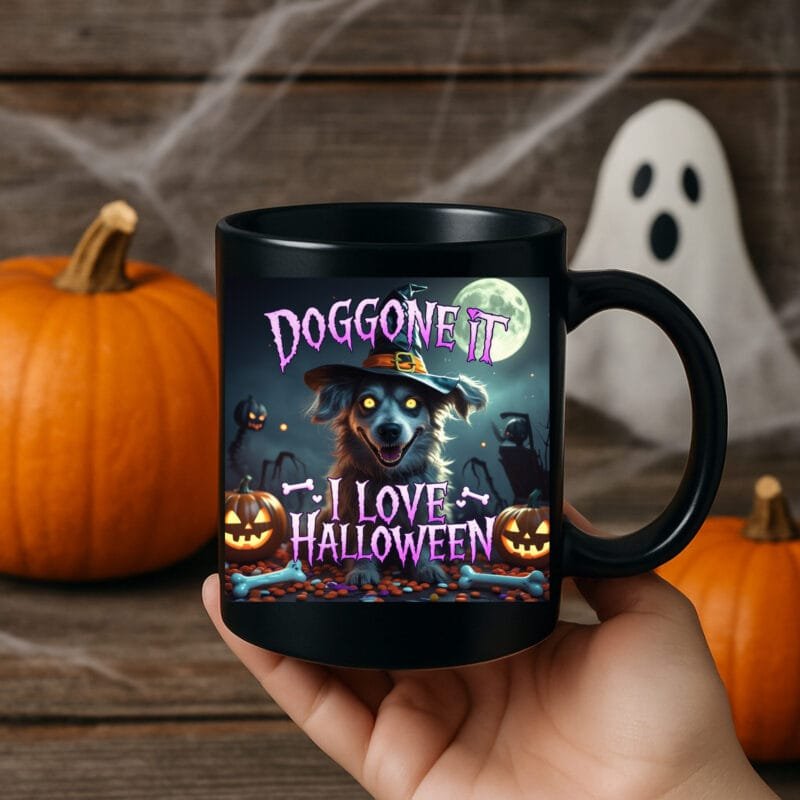 Doggone It I Love Halloween Dog Mug – Spooky Pumpkin Design for Dog Lovers 11oz Black Mug - Image 3