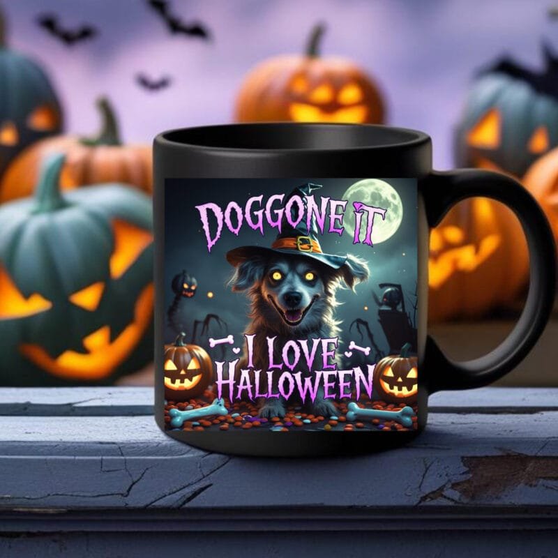 Doggone It I Love Halloween Dog Mug – Spooky Pumpkin Design for Dog Lovers 11oz Black Mug - Image 2