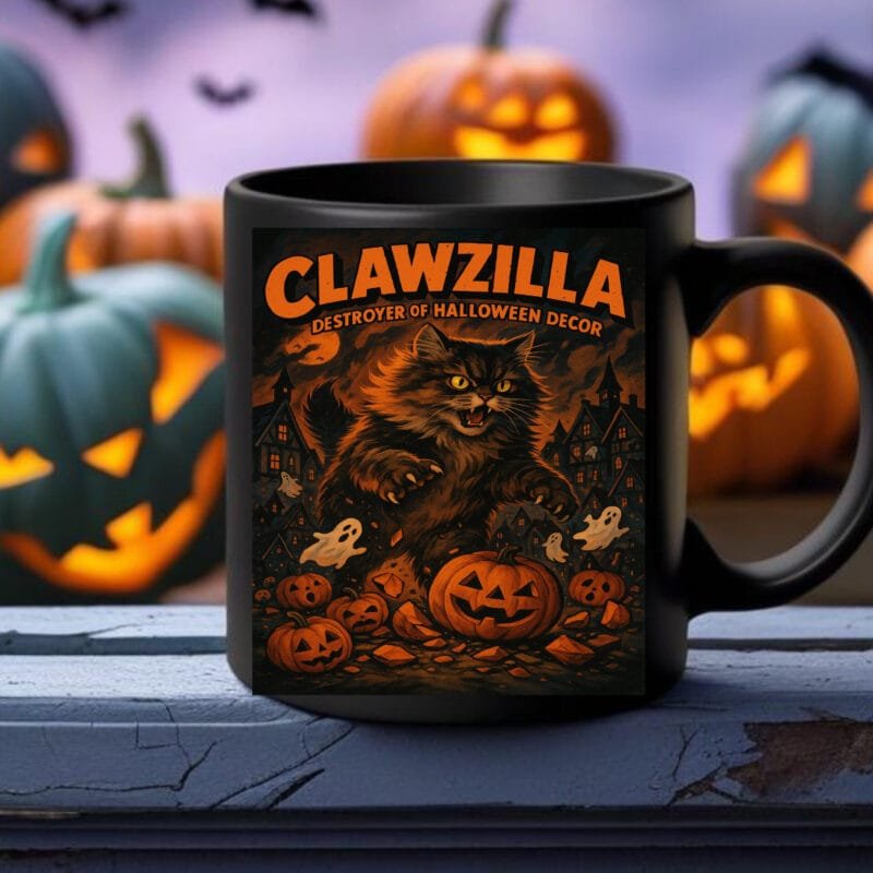 Clawzilla Halloween Cat Mug – Funny Black Cat Coffee Cup | Destroyer of Halloween Decor Gift 11oz Black Mug - Image 3