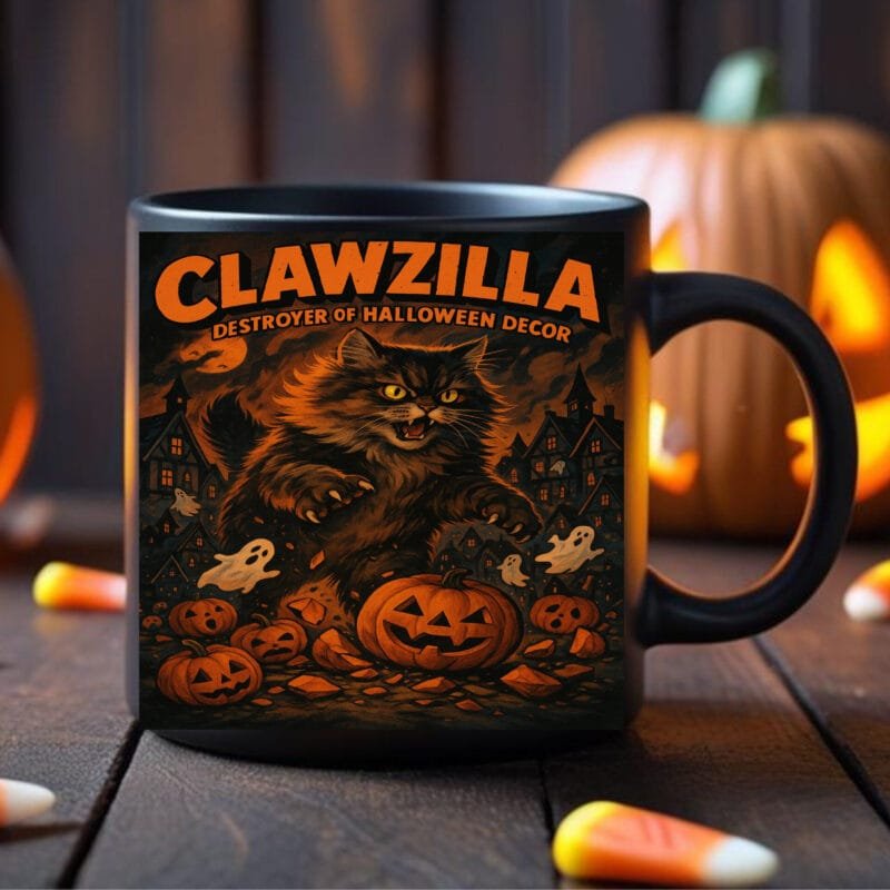 Clawzilla Halloween Cat Mug – Funny Black Cat Coffee Cup | Destroyer of Halloween Decor Gift 11oz Black Mug - Image 4