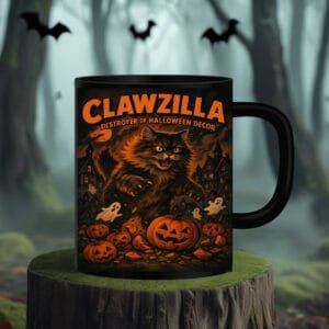 Clawzilla Halloween Cat Mug – Funny Black Cat Coffee Cup | Destroyer of Halloween Decor Gift 11oz Black Mug