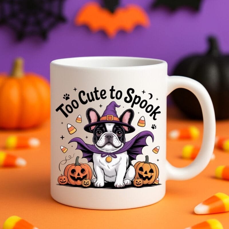 Too Cute to Spook Halloween Dog Mug – Funny French Bulldog Coffee Cup | Cute Pumpkin Witch Gift 11oz White Mug - Image 2