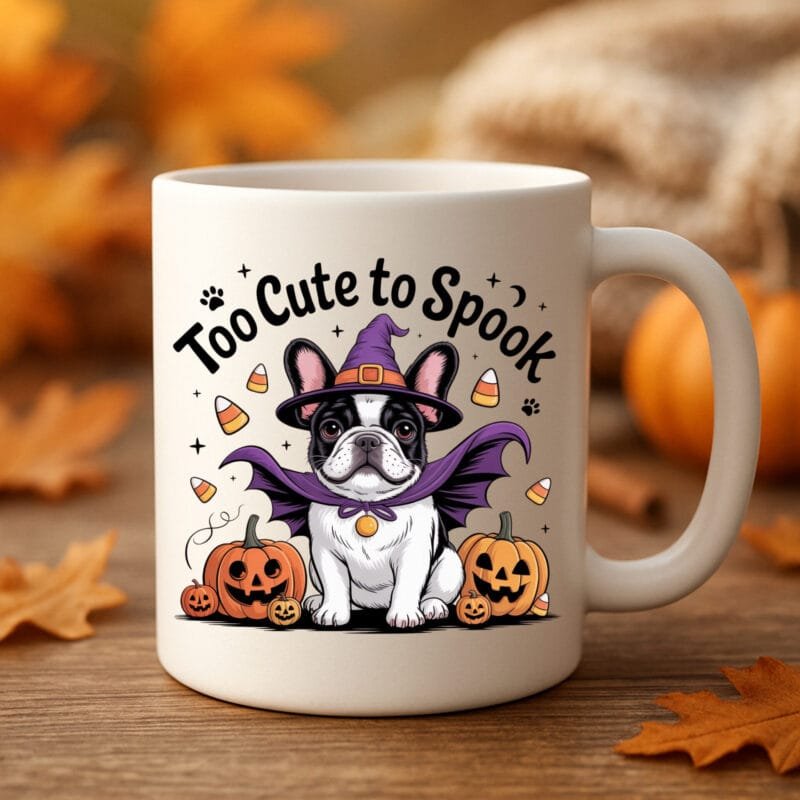 Too Cute to Spook Halloween Dog Mug – Funny French Bulldog Coffee Cup | Cute Pumpkin Witch Gift 11oz White Mug - Image 3