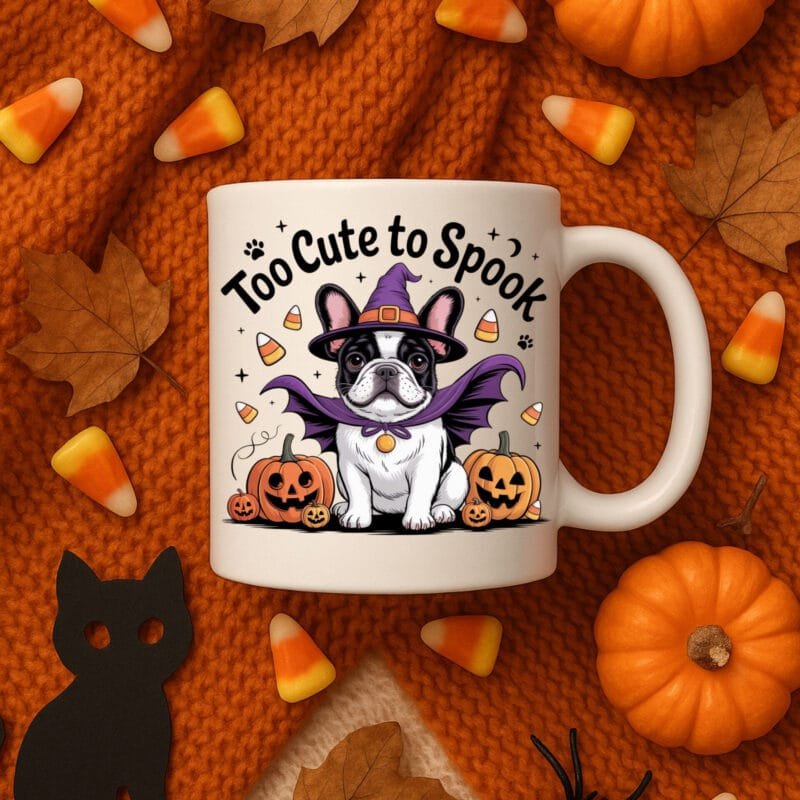Too Cute to Spook Halloween Dog Mug – Funny French Bulldog Coffee Cup | Cute Pumpkin Witch Gift 11oz White Mug - Image 4
