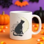 Mystical Black Cat and Crescent Moon Mug – Celestial Witchy Cat Lover Gift for Halloween and Everyday Magic 11oz White Mug