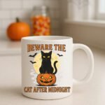 Beware the Cat After Midnight – Funny Cat Lover Halloween Design with Spooky Black Cat Art 11oz White Mug
