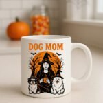 Halloween Dog Lover Mug Design – Cute Witch with Her Two Dogs for Dog Moms and Pet Lovers 11oz White Mug